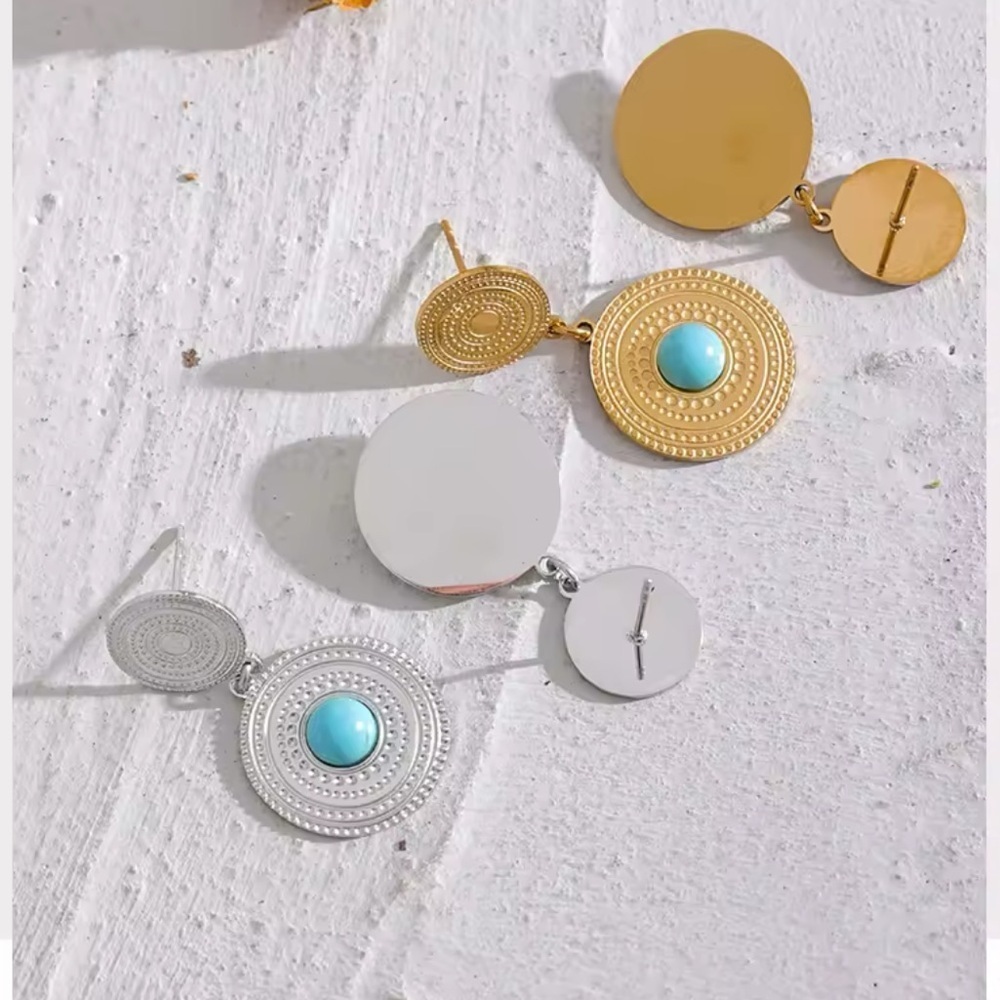 Turquoise Sunburst Drop Earrings – Stainless Steel, PVD Real Gold Plated - Picture 4 of 6